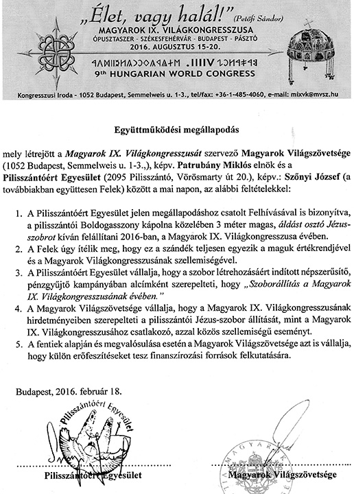 Együttműködési megállapodás a Magyarok Világszövetsége és a Pilisszántóért Egyesület között