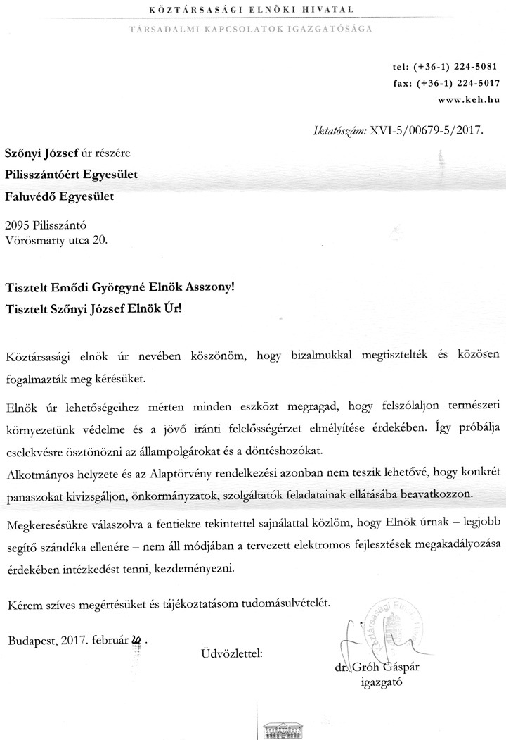 A Köztársasági Elnöki Hivatal válasza 