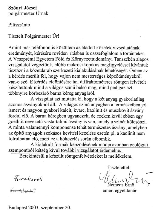 A fura kövek anyagvizsgálatának eredménye, 2003. szeptember 20.